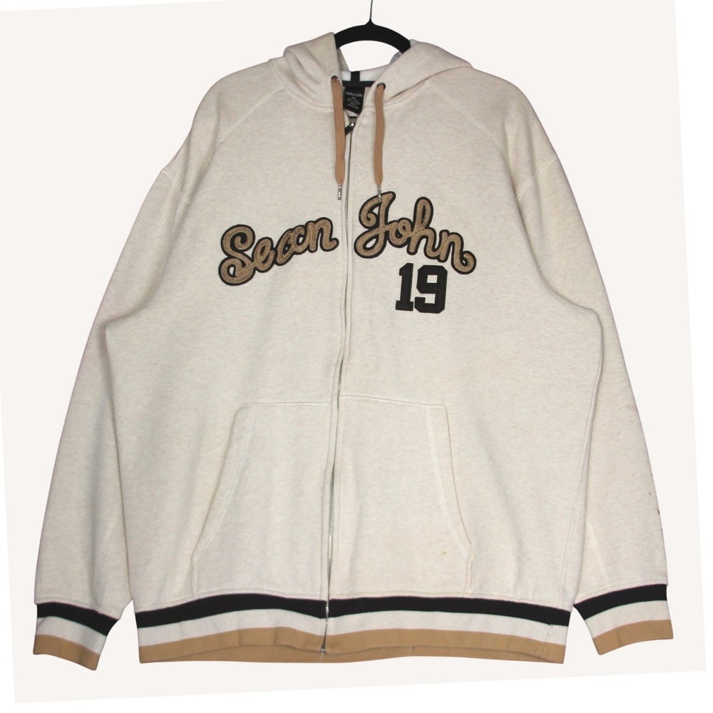 Sean John Southpole Style Hoodie Mens 2XL Beige Black Trimmed Oversized Baggy